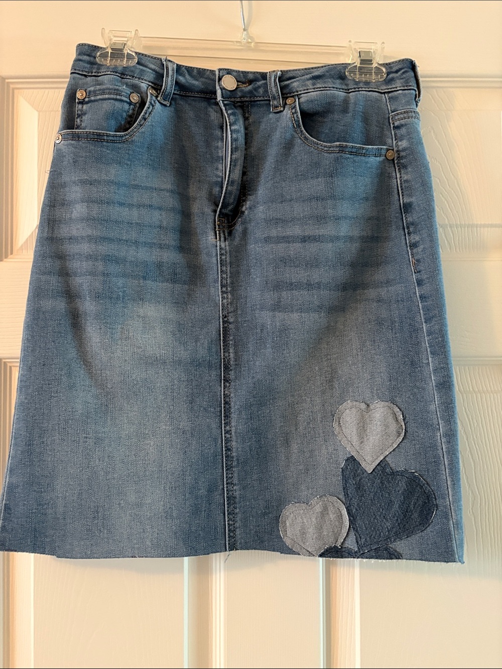 Denim A-Line Skirt with Heart Patch - Blue